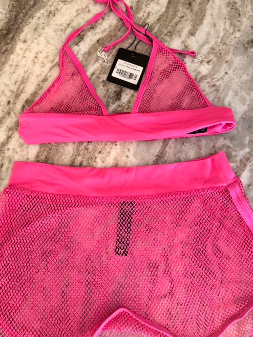 I.AM.GIA Yellow Mesh Triangle Bra and Mini Skirt Set with Black Trim